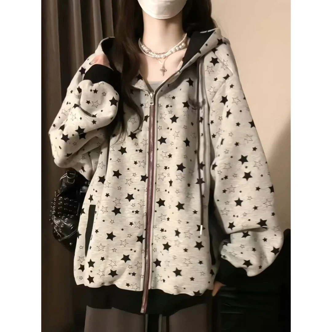 美式复古国潮星星印花连帽开衫卫衣女秋冬加绒宽松慵懒拉链外套潮
