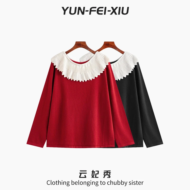 云妃秀大码女装针织衫一字领撞色时尚宽松显瘦胖妹妹冬季23733