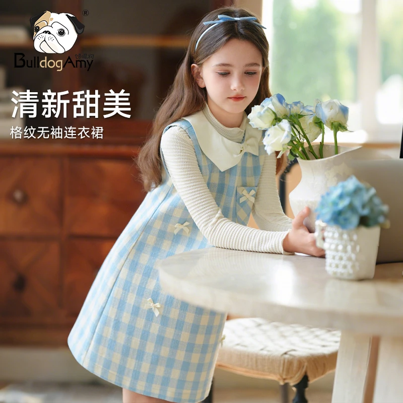 馋嘴狗童装女童甜美格纹连衣裙2025秋新款洋气儿童无袖小香风裙子