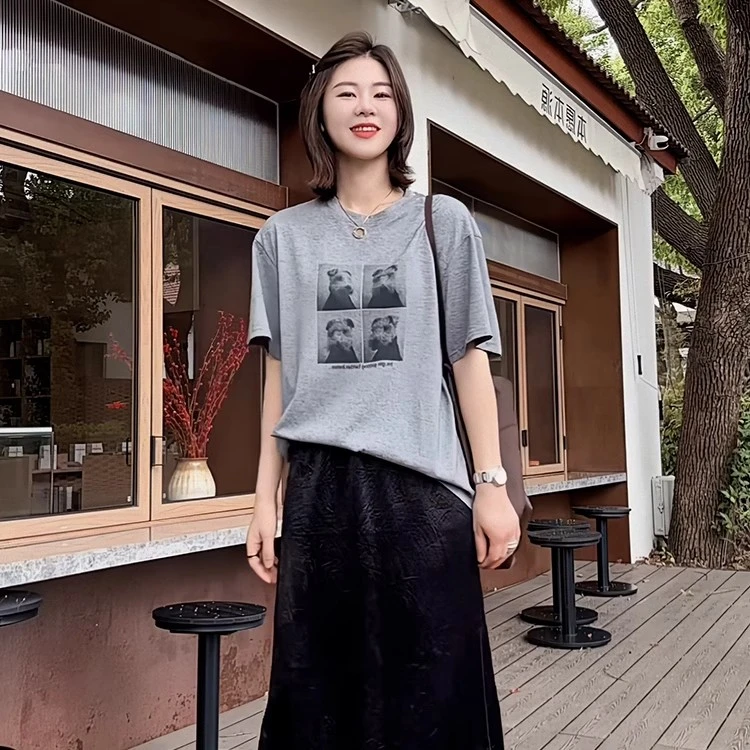 韩系宽松百搭设计感复古做旧小狗印花休闲慵懒上衣短袖T恤女新款