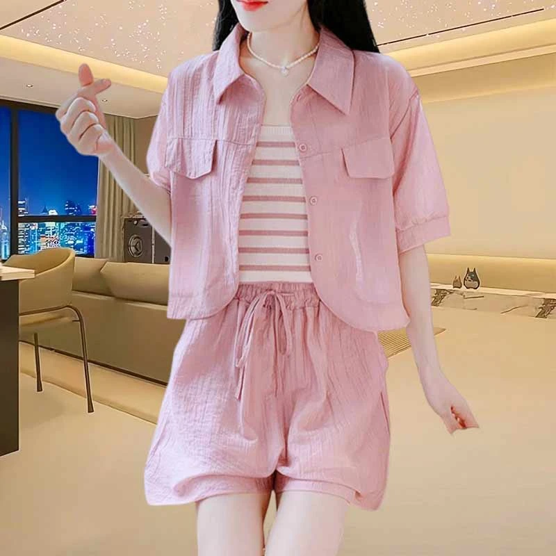 简约百搭短袖衬衫背心短裤三件套2026夏新款网红洋气炸街女装套装