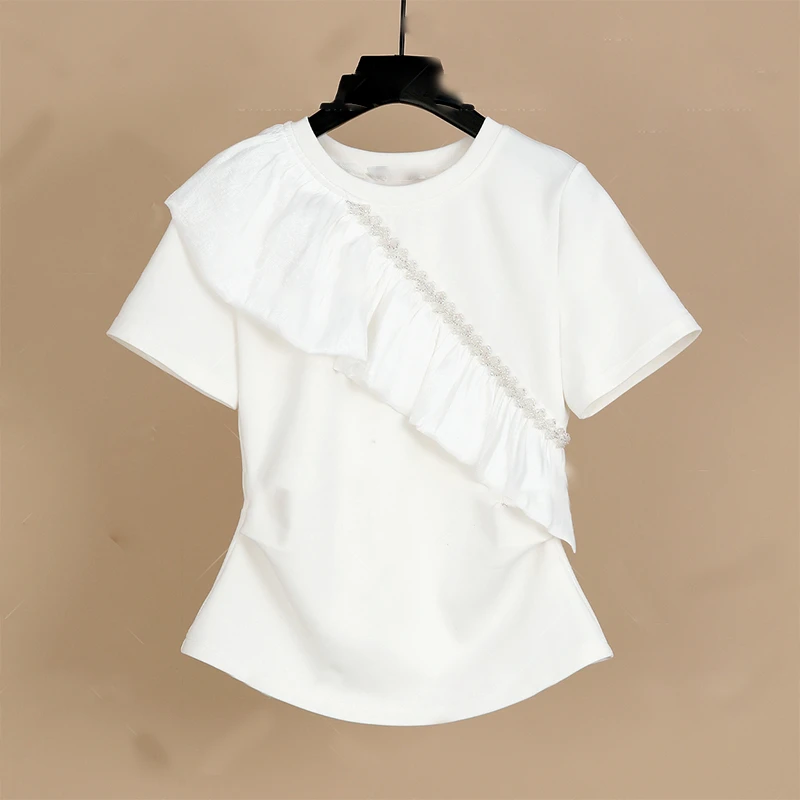 短袖正肩T恤女独特设计感小众法式绝美别致荷叶边上衣配牛仔裙夏