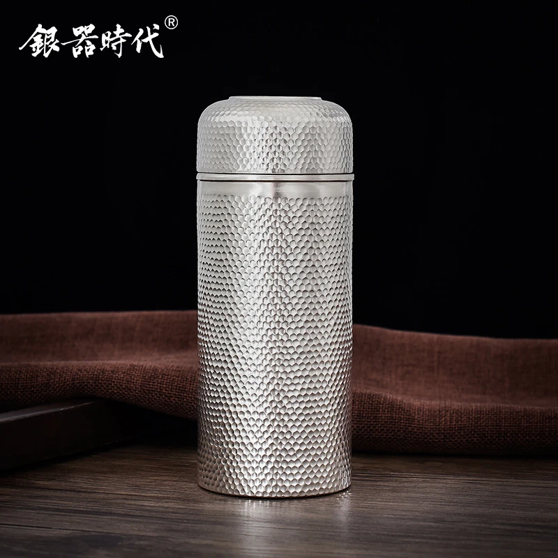 银器时代足银水杯足银999银茶杯内外全银一体杯子手工锤纹养生杯
