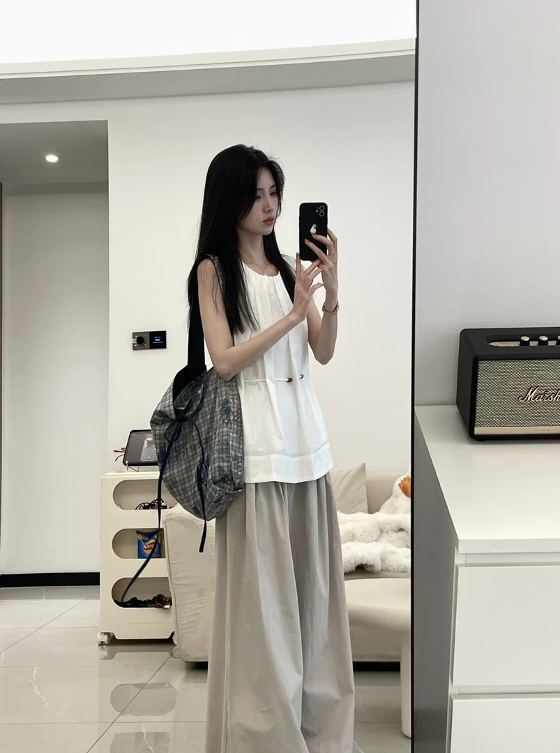 2025夏季新款老钱风穿珠收腰气质无袖背心上衣女休闲阔腿裤两件套