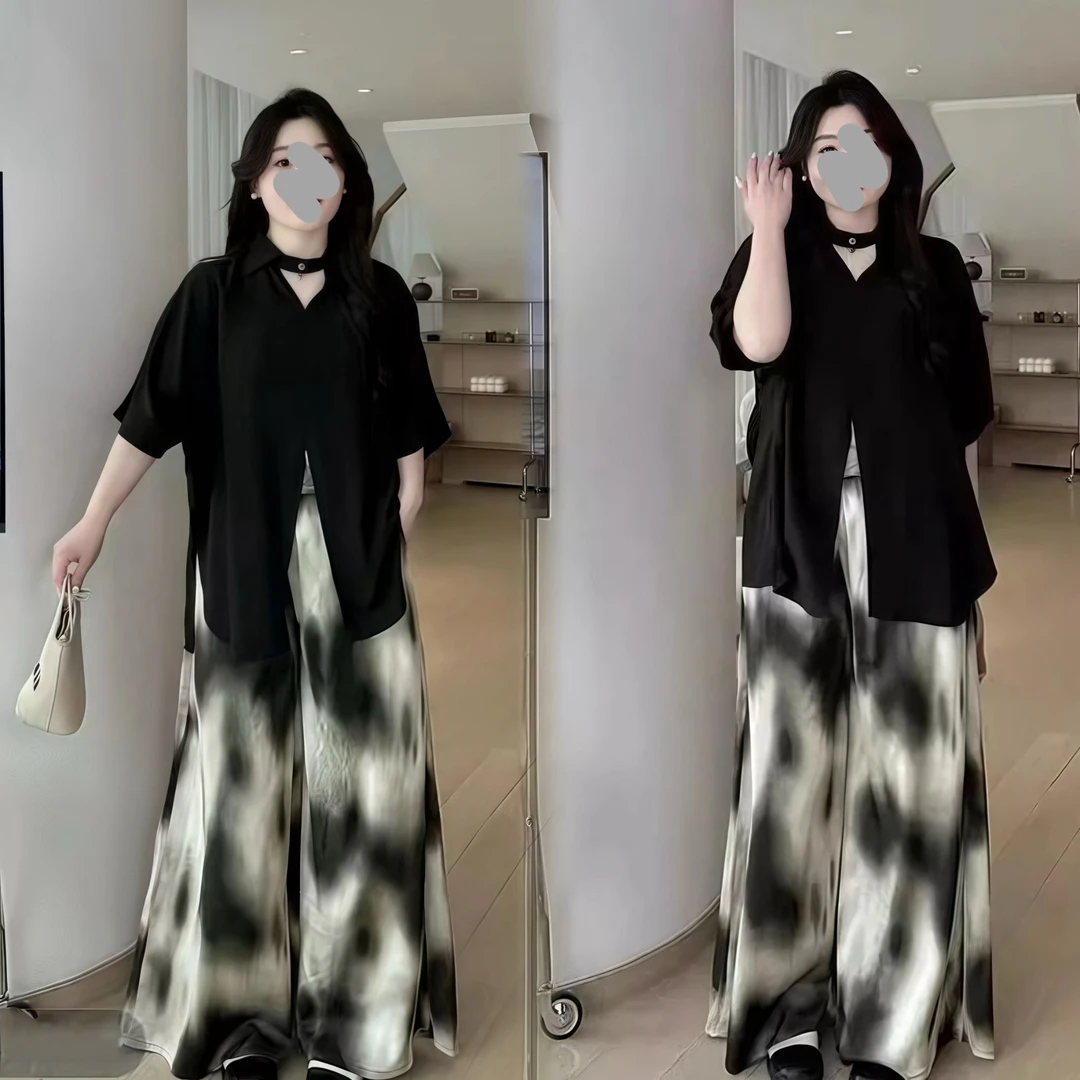 夏季新款大码高级感宽松显瘦上衣宽松遮肉阔腿拖地裤套装