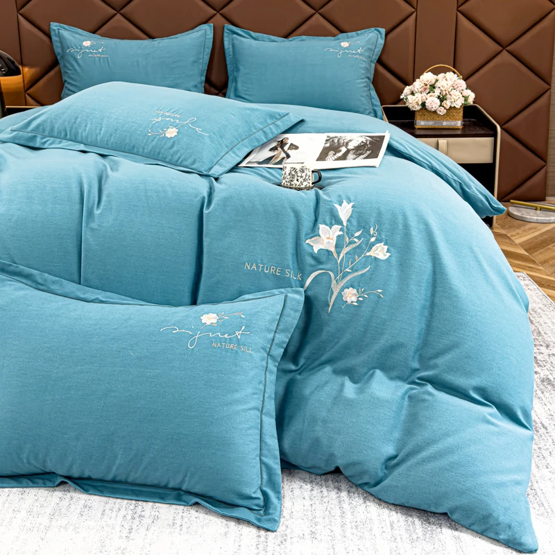 纯棉加厚四件套纯色全棉斜纹磨毛轻奢被套秋冬100%全棉磨毛四件套