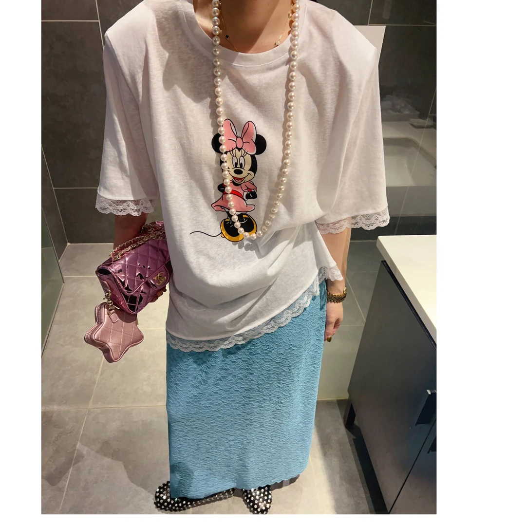 新款韩版休闲中长T恤女圆领卡通印花拼接蕾丝花边减龄短袖打底衫