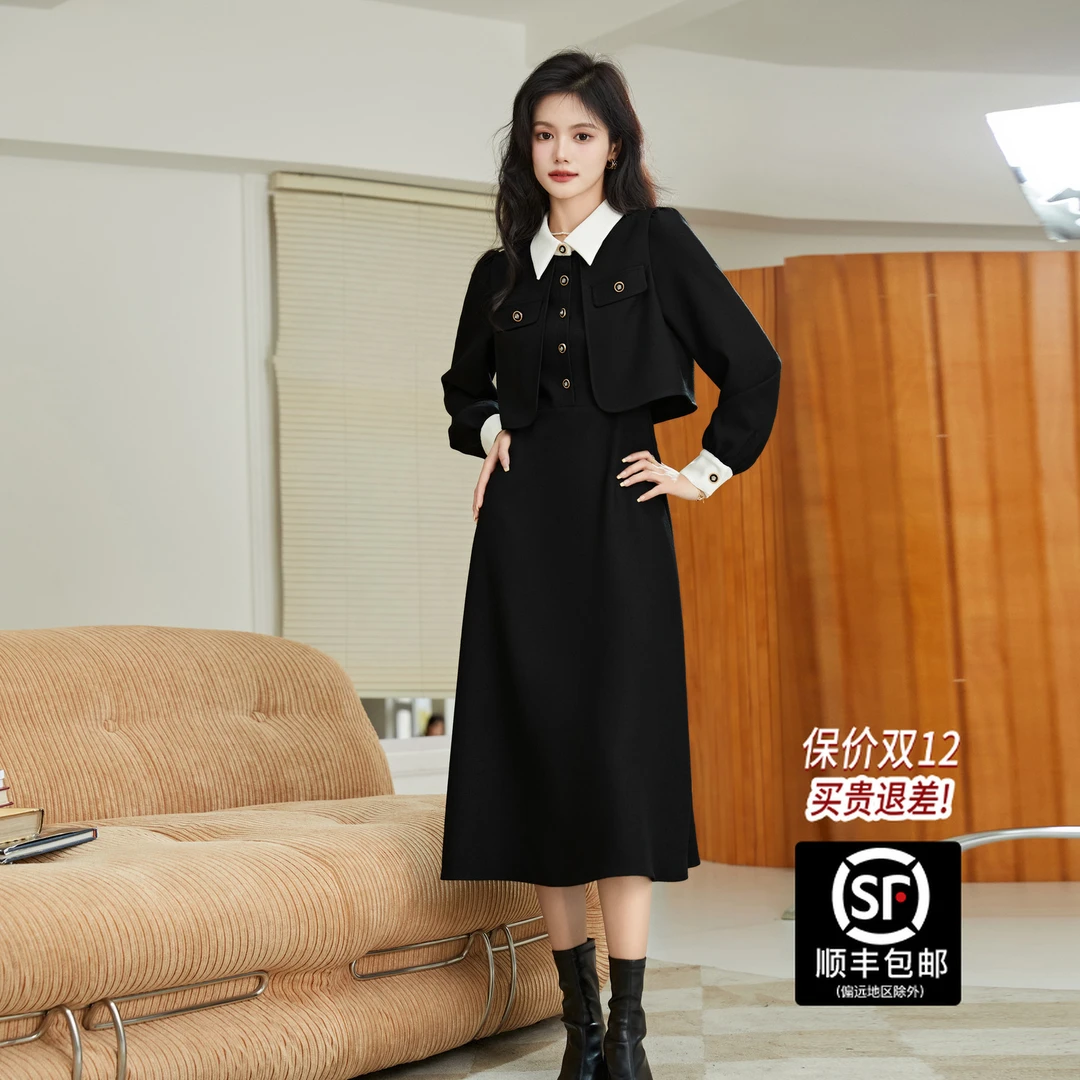 蓝语大码女装微胖MM黑色实拍连衣裙早秋时尚气质A字裙