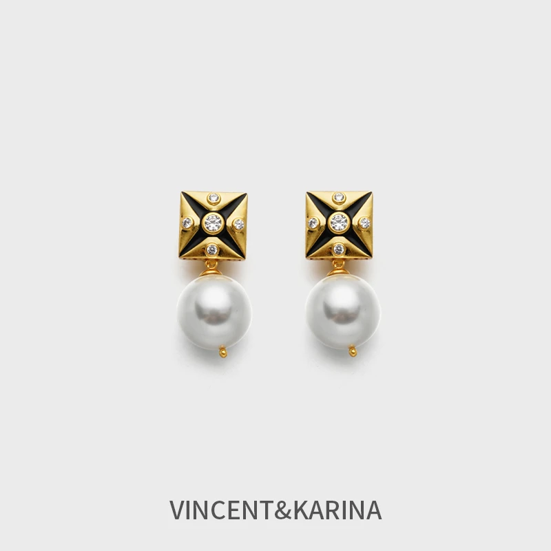 VINCENT&KARINA 铜合金耳饰 【金球】复古黑金镀18K金无耳洞耳夹