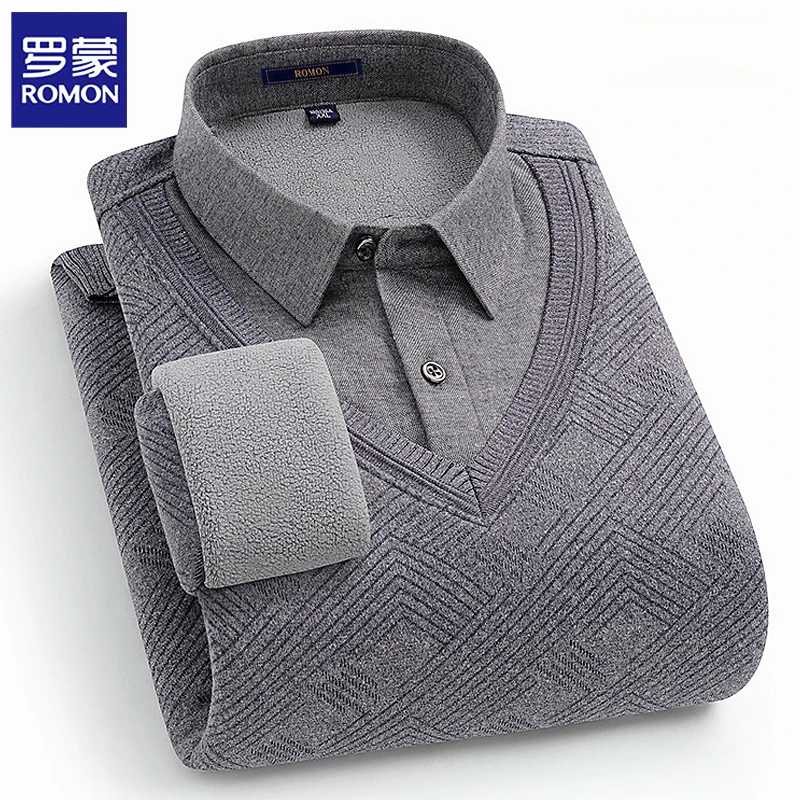 罗蒙男士含羊毛假两件长袖衬衫冬季针织打底衫加绒加厚保暖上衣男