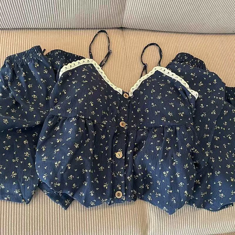 带胸垫小碎花睡衣女款夏季云朵棉吊带短裤长裤三件套可外穿家居服