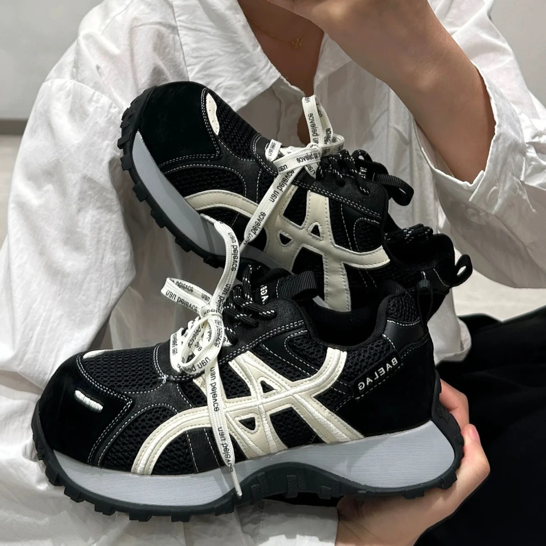 欧货真皮网面系带厚底老爹鞋女2025秋季新款百搭休闲运动阿甘板鞋