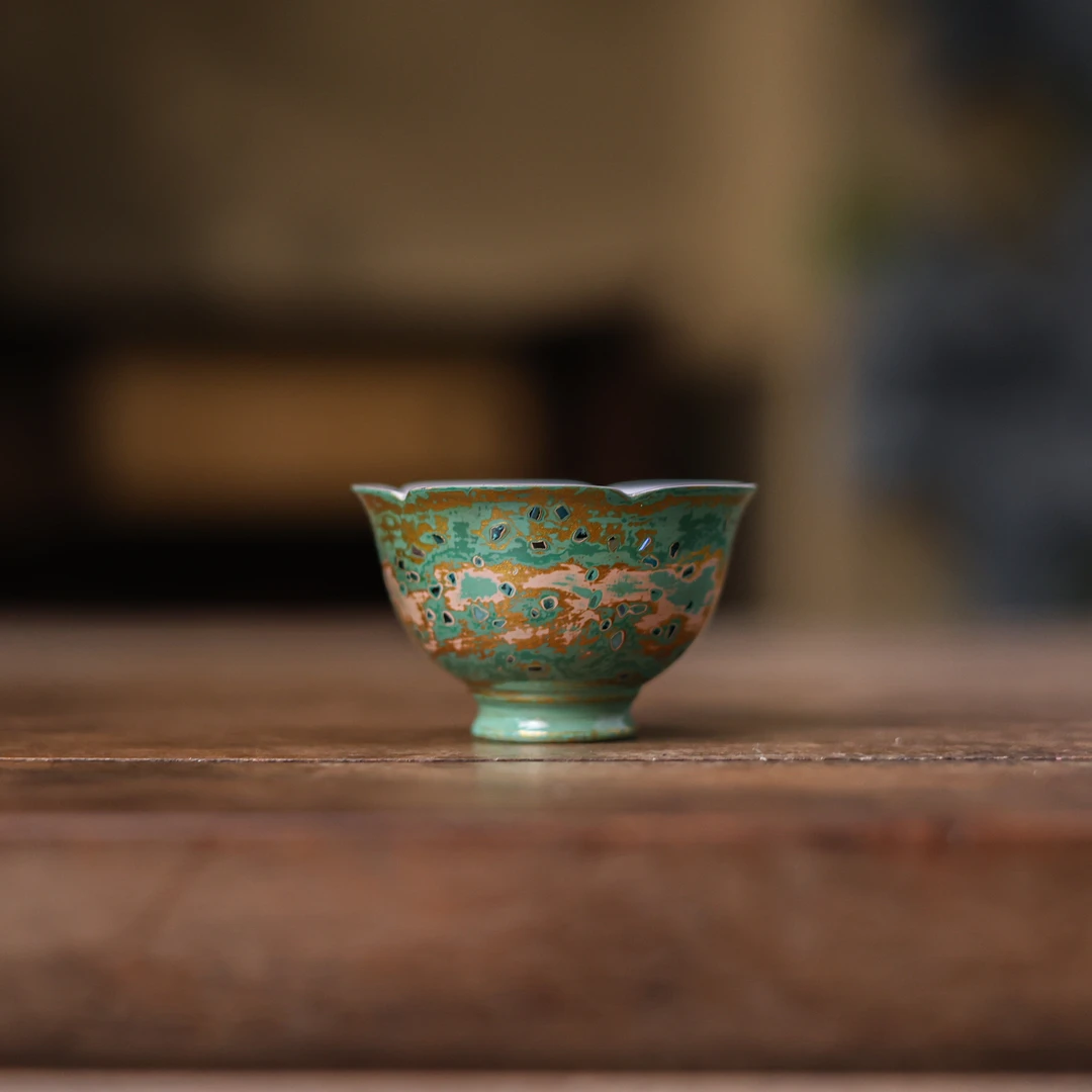 【小田甄陶】bz14碧金绮梦-华漆堂-高足杯-30ml（华漆堂0138）