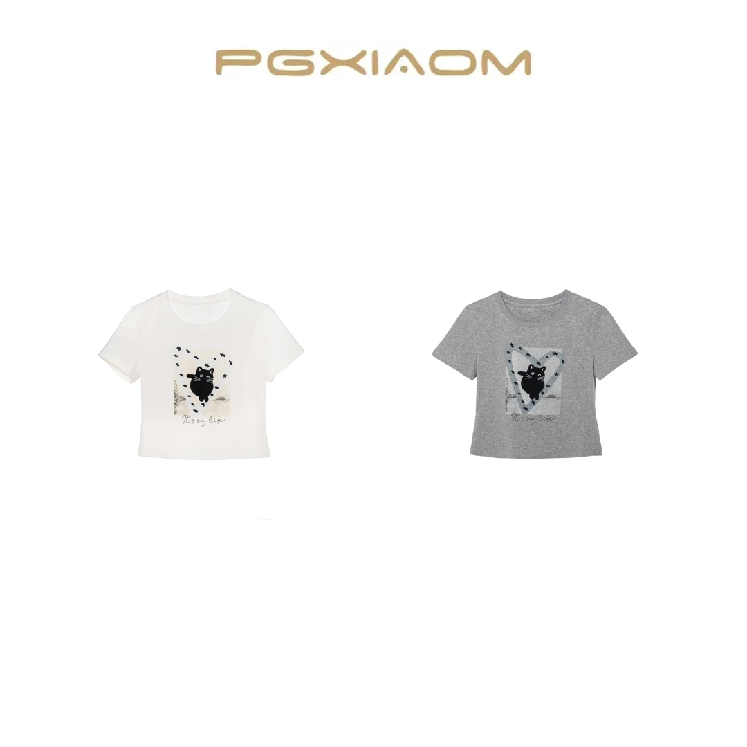 【PGXIAOM】润秀定制  白 灰两色短款猫咪图案T恤衫TX10135