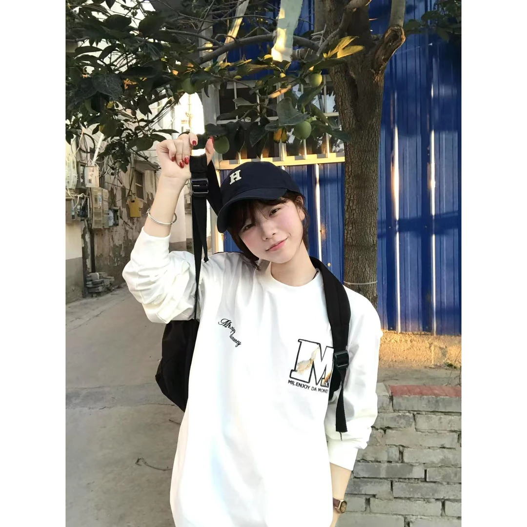 纯棉新款美式复古字母印花长袖t恤女春秋宽松百搭oversize上衣ins