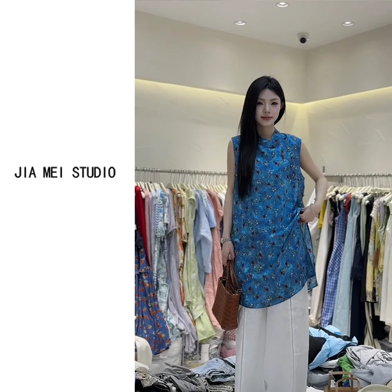 C148新中式国风碎花无袖衬衫女夏季2025显瘦洋气减龄立领背心上衣
