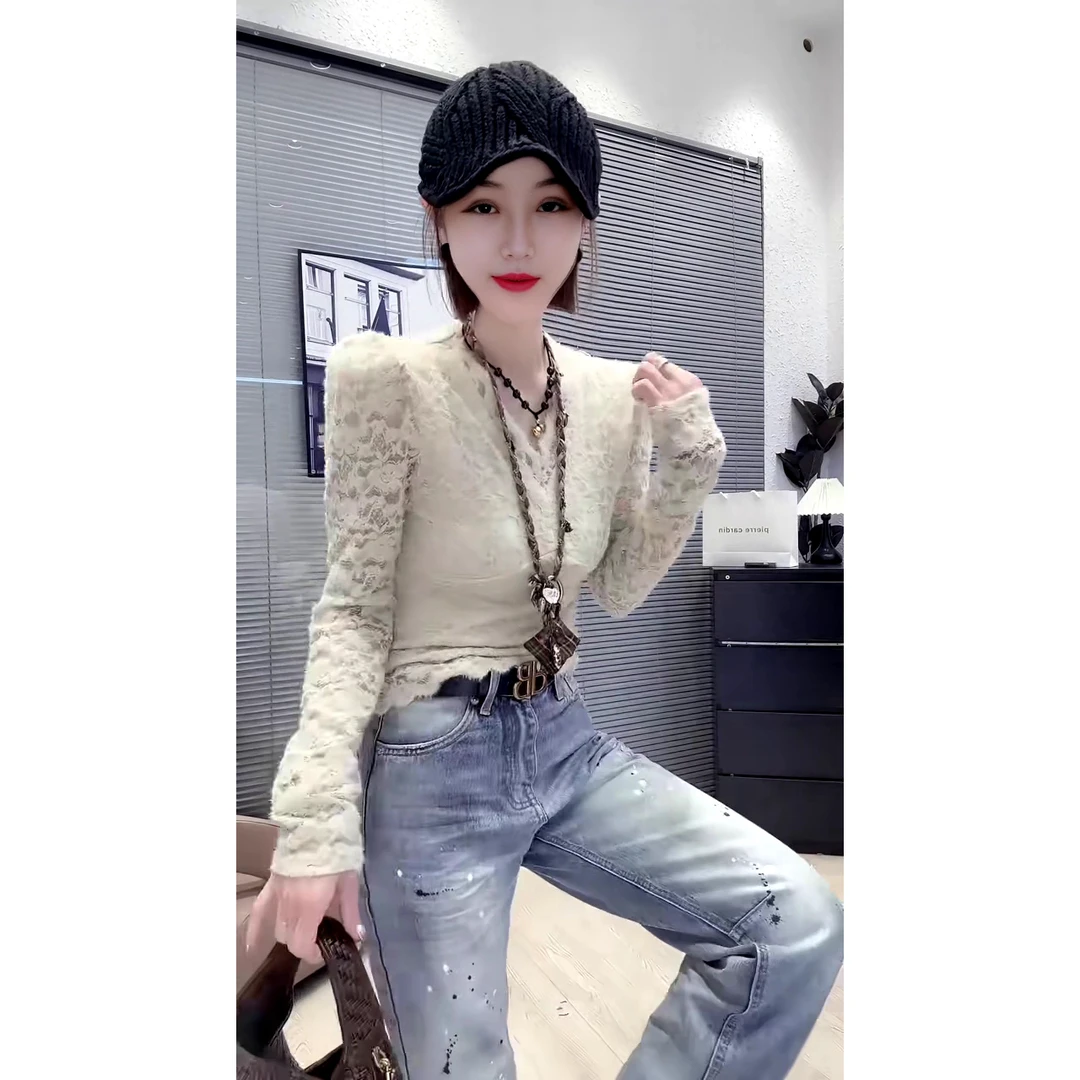 欧货时尚洋气修身显瘦蕾丝提花V领长袖打底衫