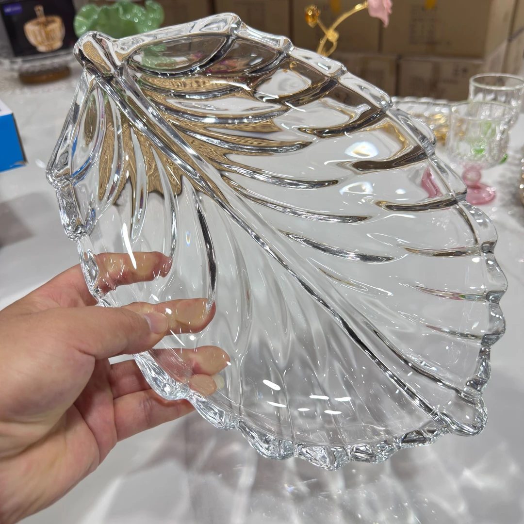 水晶玻璃果篮欧式田园叶子玻璃小清新欧式无铅果盘家用羽毛果盘