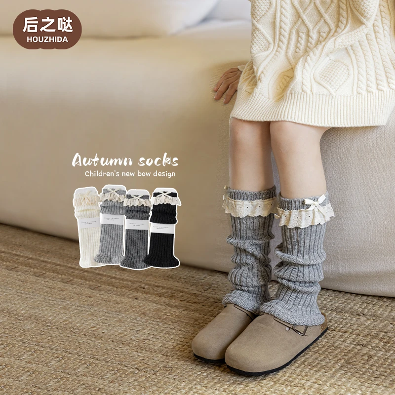 女童袜套春秋儿童韩版miu系甜美花边蝴蝶结堆堆袜秋季女孩中筒袜