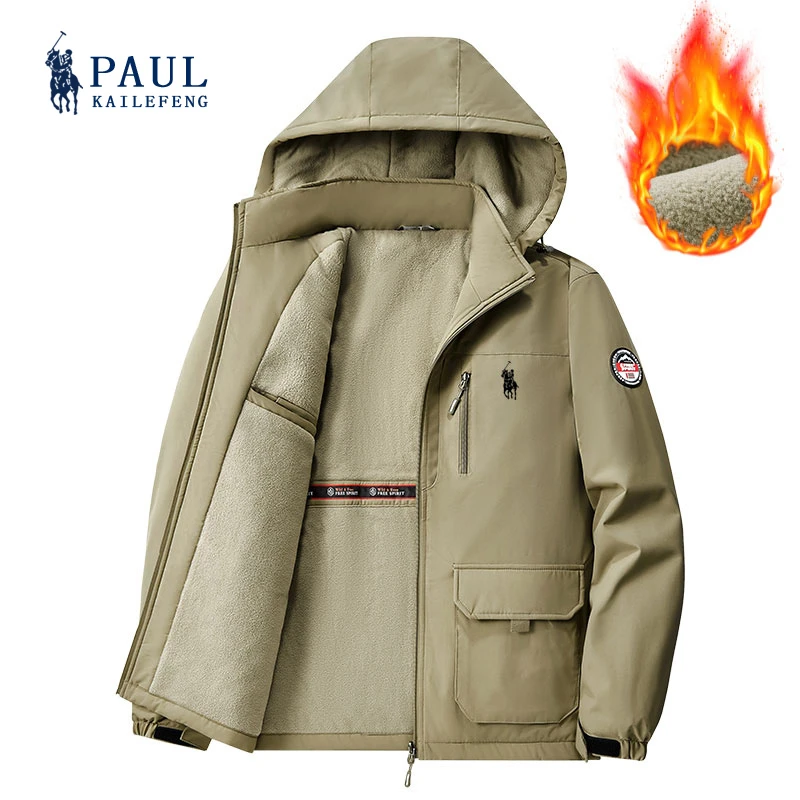 保罗凯乐枫加绒棉服防风防水保暖夹克多口袋秋冬加厚大码工装外套