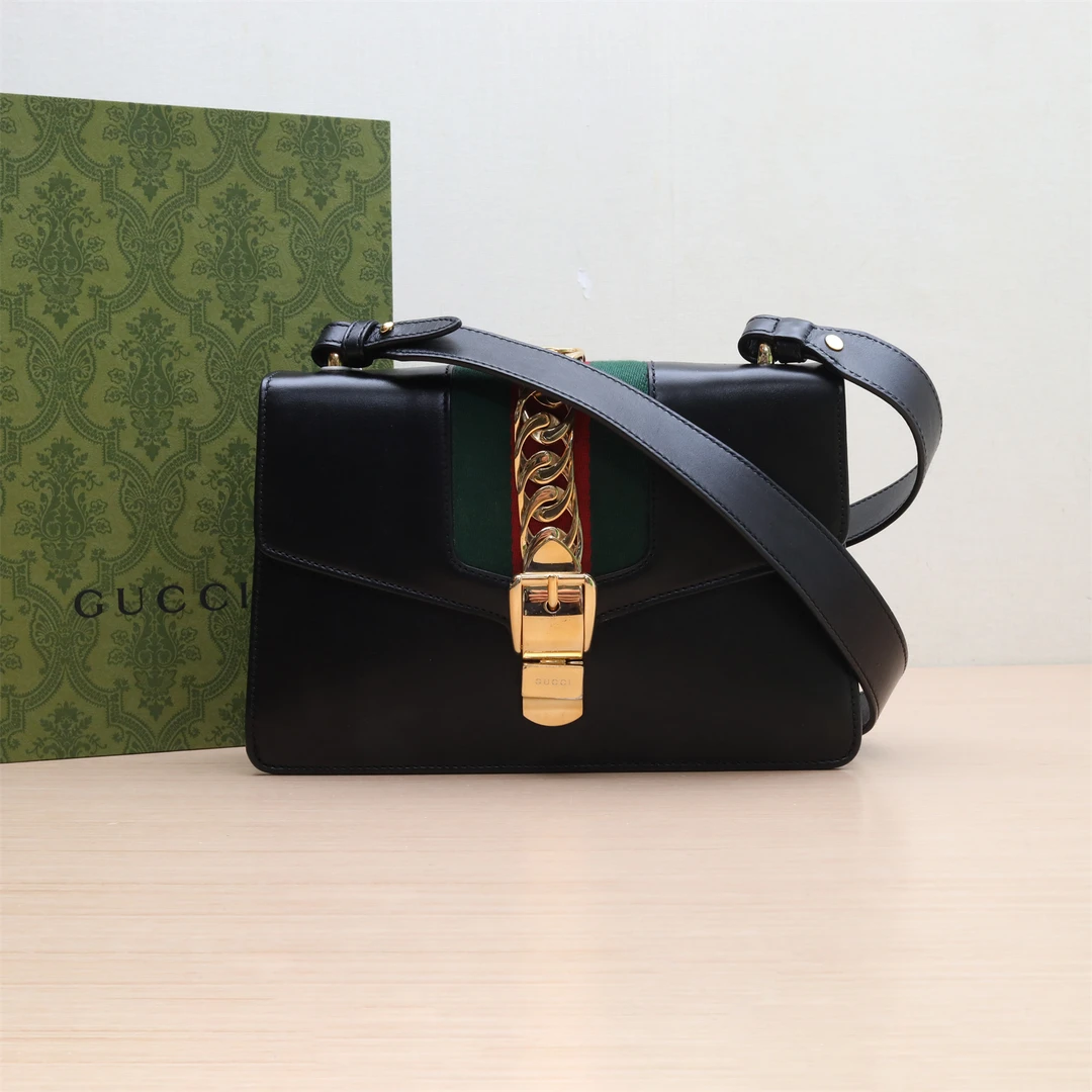 99新 GUCCI/古驰  丝带包 小号 25.5 黑色 皮革C 金扣P224620774