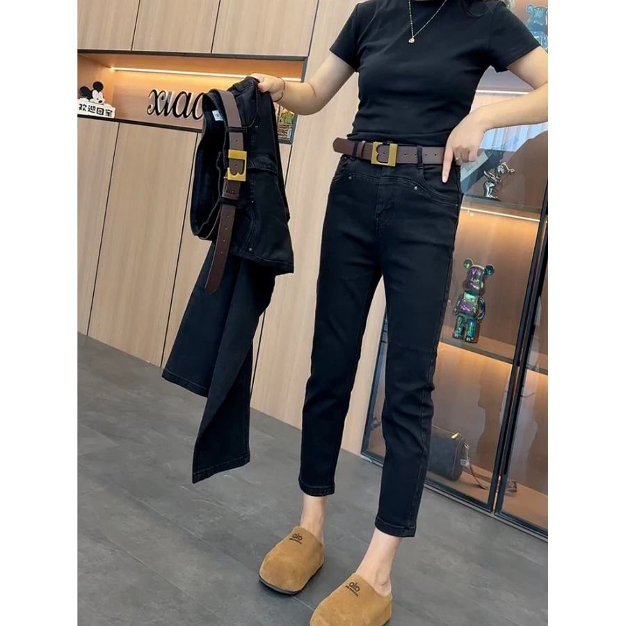 大码黑色弹力牛仔裤女2025春秋胖mm小个子高腰显瘦九分直筒烟管裤