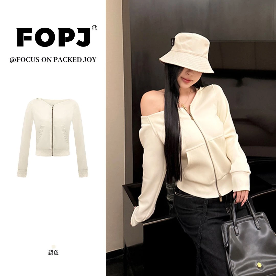 FOPJ早秋拉链斜肩开衫连帽卫衣女设计感宽松百搭纯欲风薄款短外套