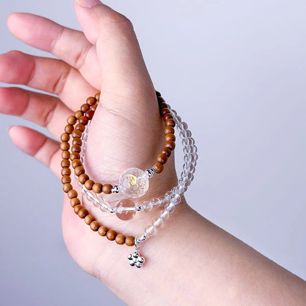 【月境】印度老山檀4mm白水晶设计款三圈手串多样性发一