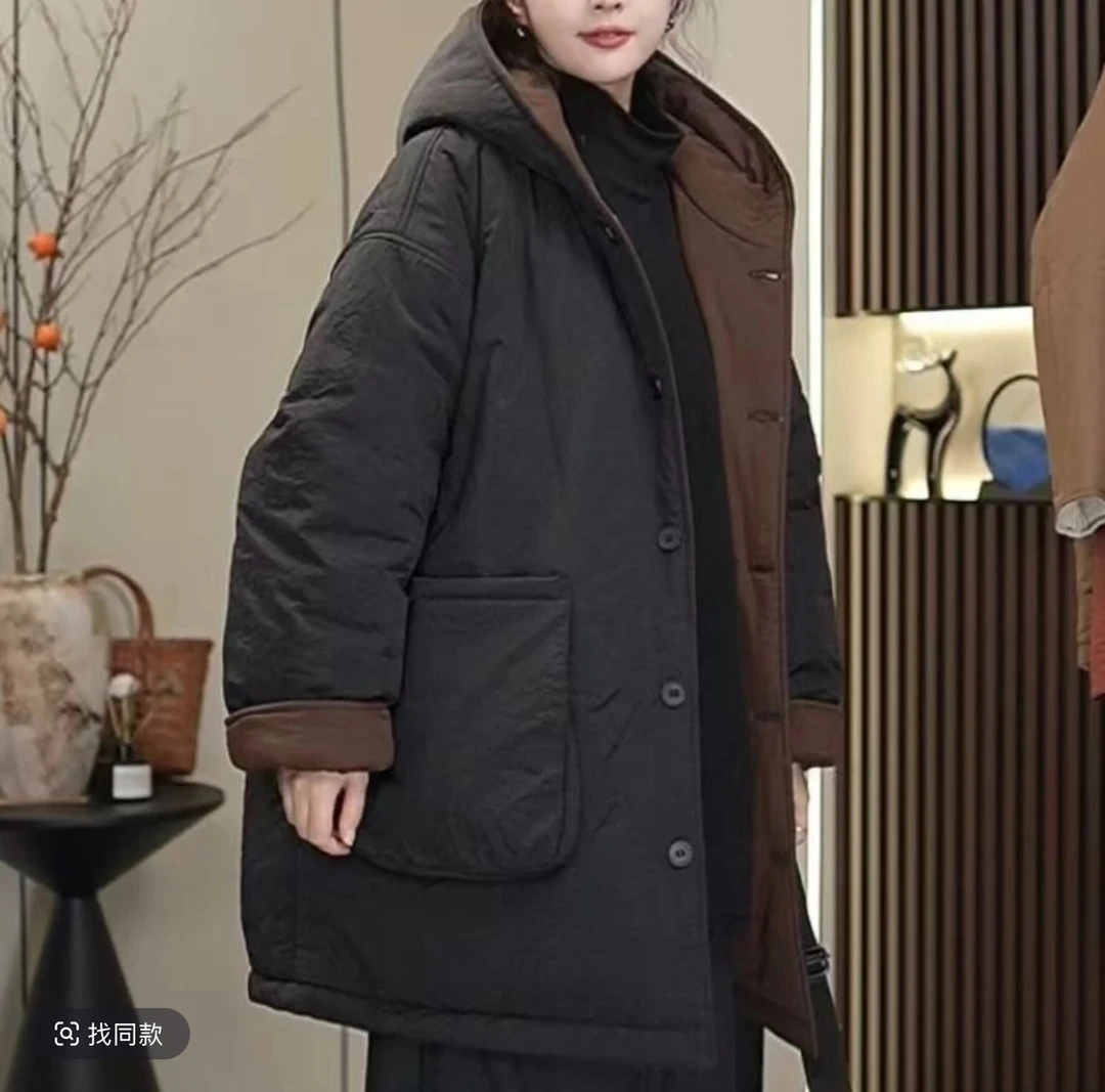【双面双穿】连帽中长款棉服加厚冬季女装显瘦网红休闲百搭宽松保暖
