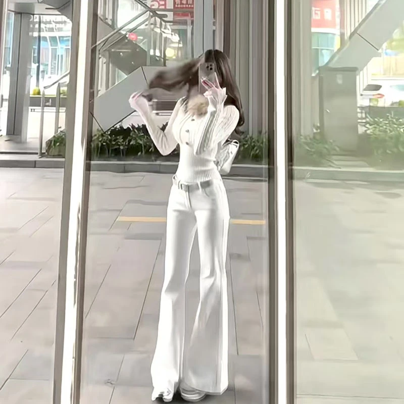 【薄荷雪糕】慵懒风时尚休闲气质高腰长袖针织上衣显瘦紧身长裤套装