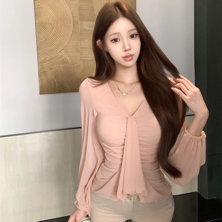 设计感小众V领系带长袖T恤女早秋褶皱收腰纯欲辣妹上衣内搭打底衫