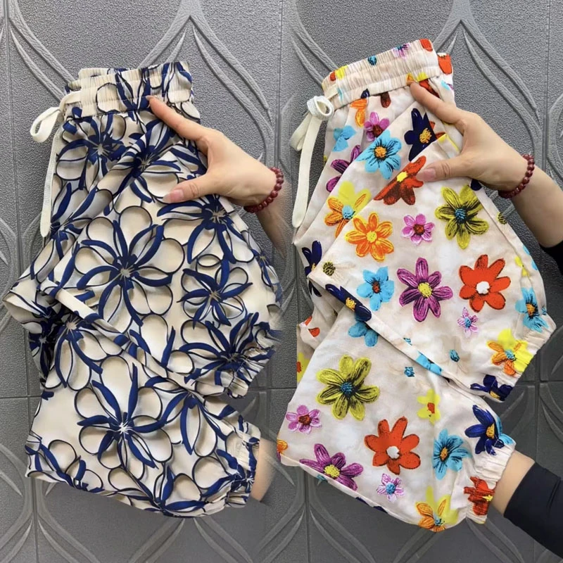 2025夏季新款薄款女冰丝抖抖裤高腰显瘦百搭九分裤宽松花裤奶奶裤