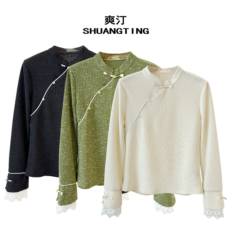 Jokara/丘可儿【墨禅】新中式蕾丝拼接国风衬衣复古盘扣打底上衣