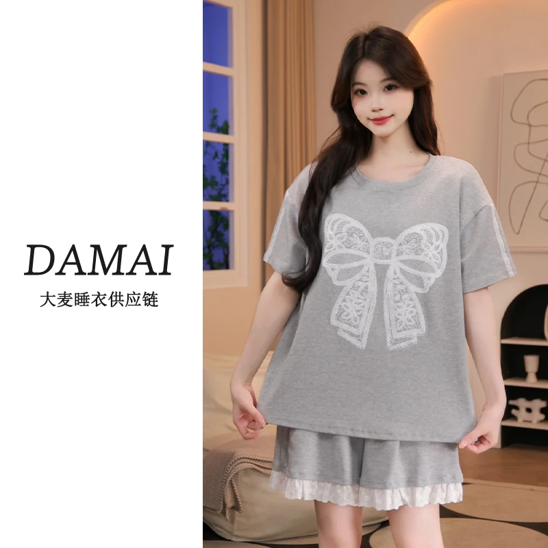 纯棉睡衣夏季爆款新款短袖短裤手绘卡通蝴蝶结自带胸垫家居服套装
