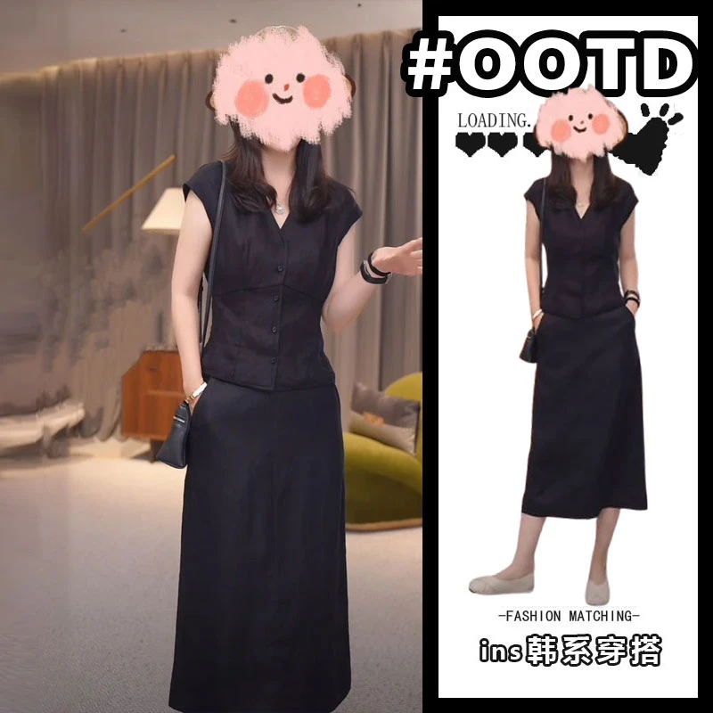 2025超火夏装一整套轻奢高级时尚端庄大方正式场合黑色衬衫套装裙