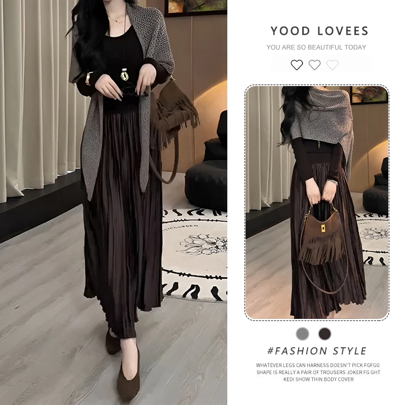 咖色针织上衣外搭披肩三件套装女2025新款春秋一整套穿搭半身裙子