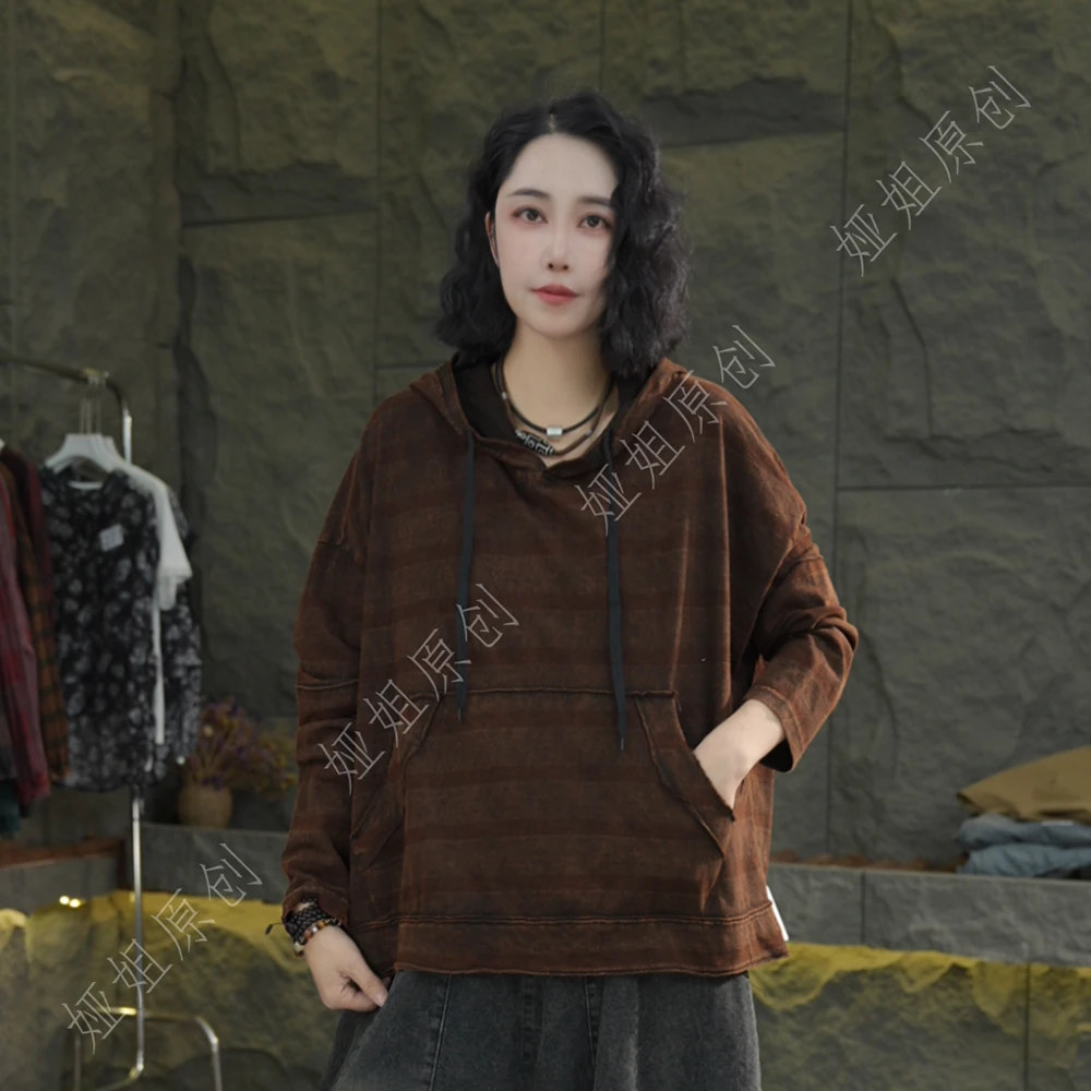 H69 秋季新款短袖连帽卫衣慵懒风女装宽松休闲长袖大版秋款帽衫