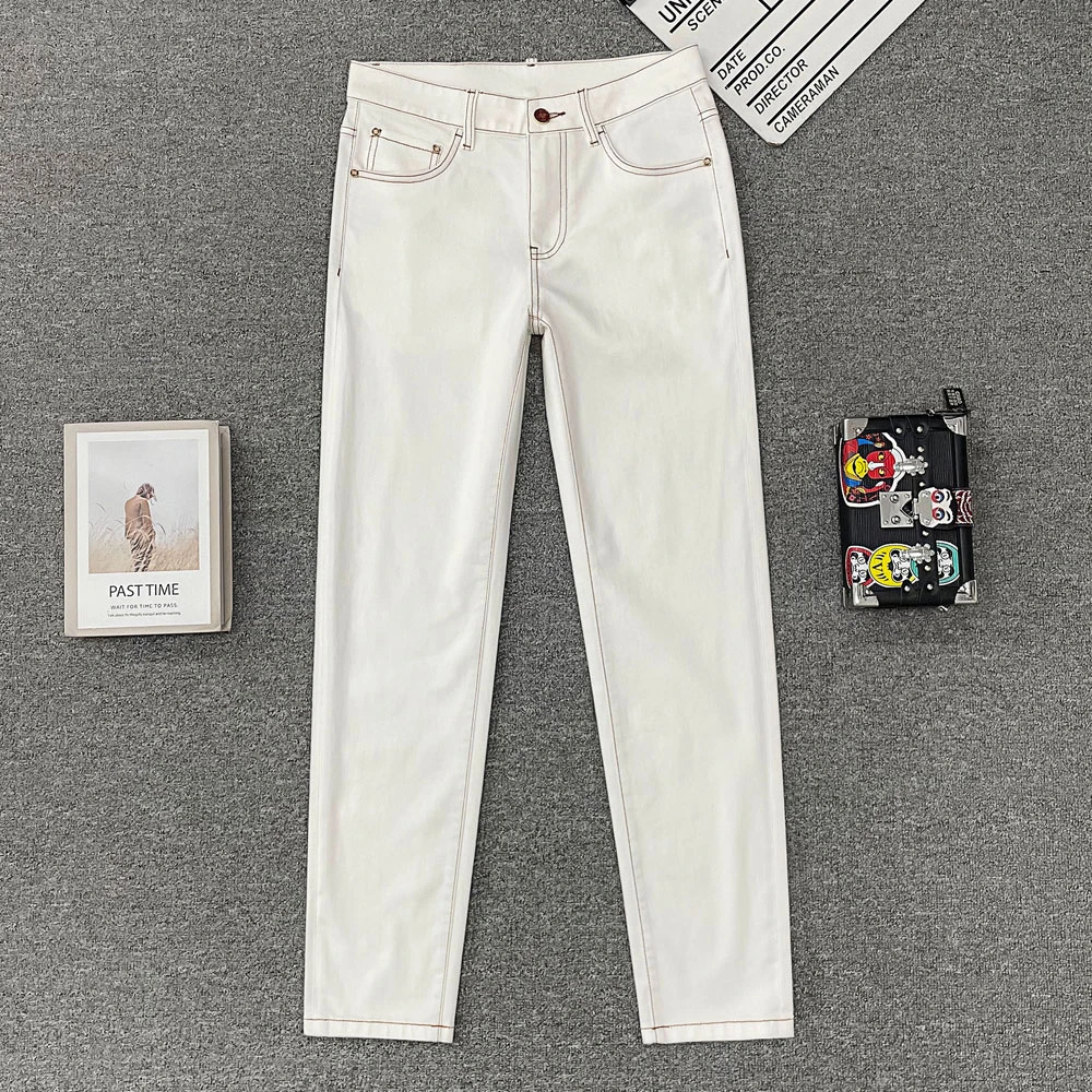 高档时尚夏季薄款男士牛仔裤微弹米白色百搭中腰修身小直筒裤子