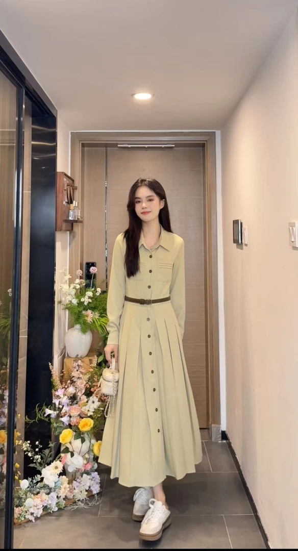 AN.XIN【里费小岛～淡黄色】学院风超好看早秋百褶收腰连衣裙20256