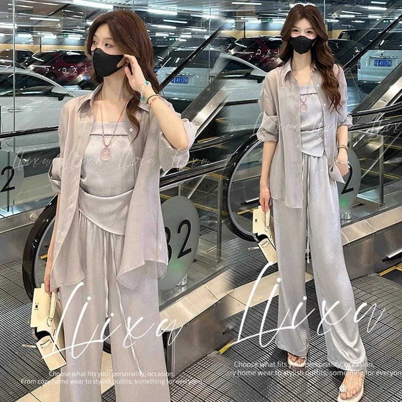 气质套装女2025夏季洋气宽松显瘦减龄衬衫吊带背心阔腿裤两件套潮