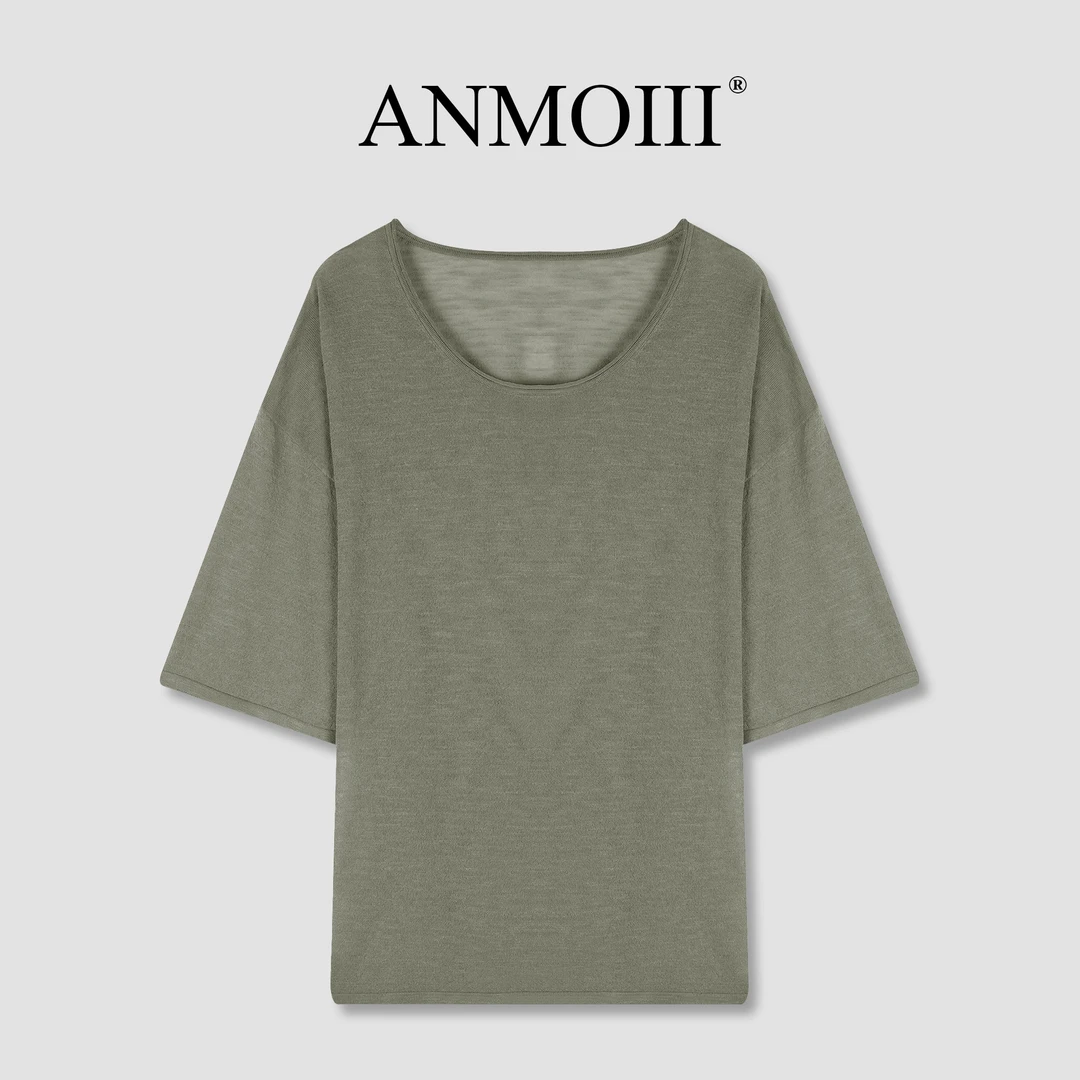 ANMOIII【卷边针织T】夏季薄款亚麻透气凉感宽松短袖T恤慵懒风女装