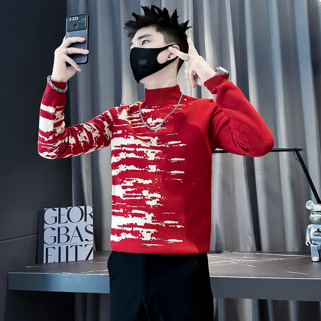 本命年红色毛衣男半高领修身拼色潮牌针织衫加厚痞帅高级感打底衫
