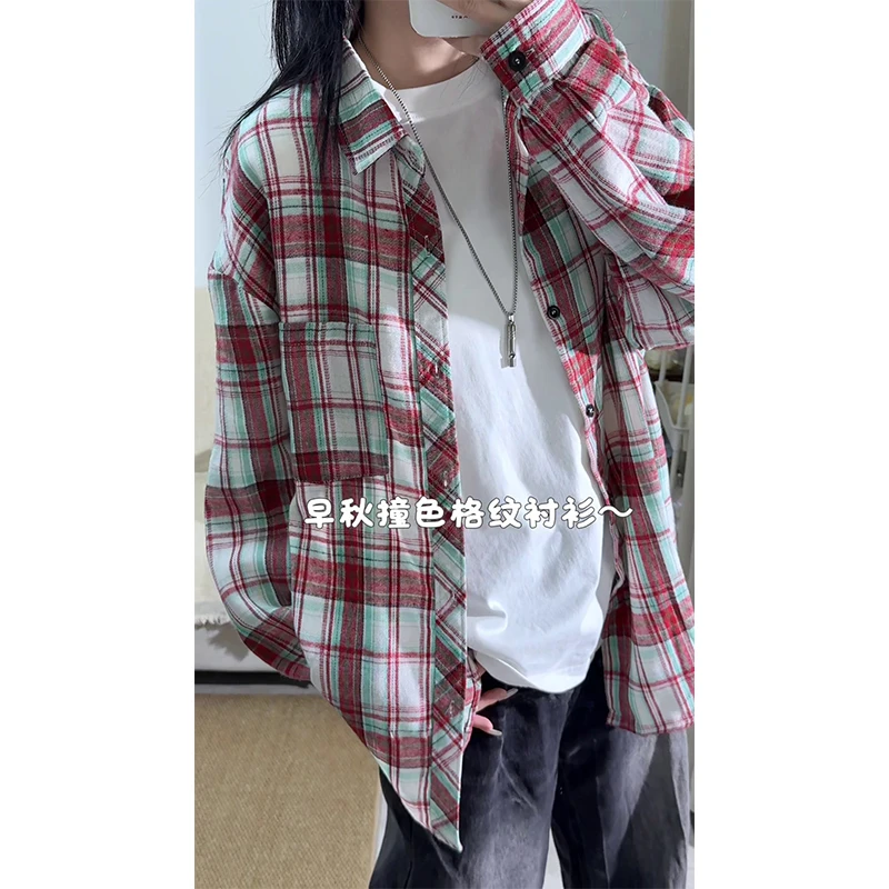 撞色格子衬衫男女同款ins潮牌高街港风长袖衬衣宽松休闲薄款外套