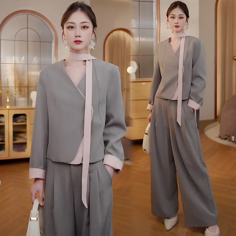 官图 2025春秋韩版气质假两件v领拼色西装外套高腰直筒裤两件套女