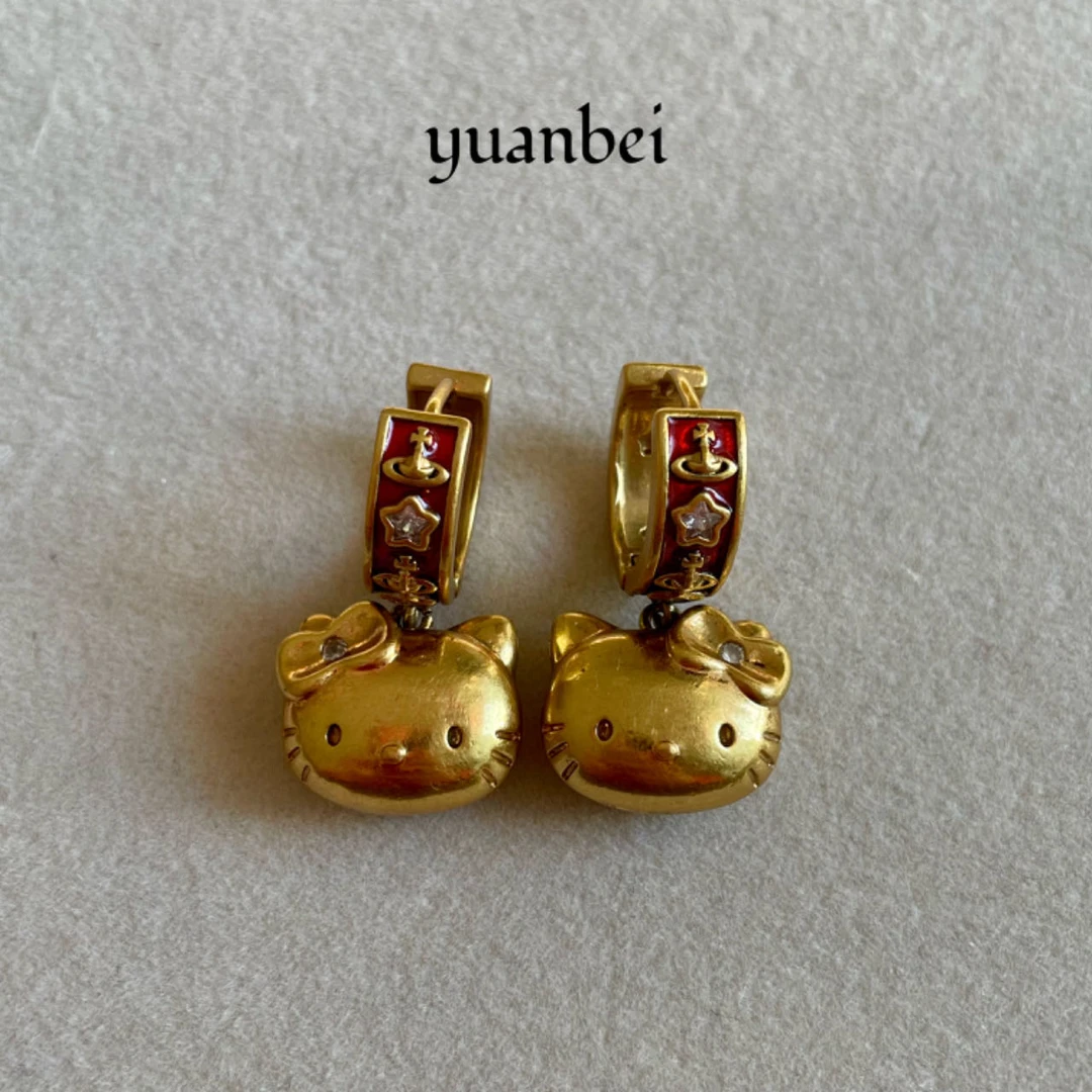 黄铜合成锆石耳饰 Hello Kitty耳环复古vintage款耳饰方圆脸