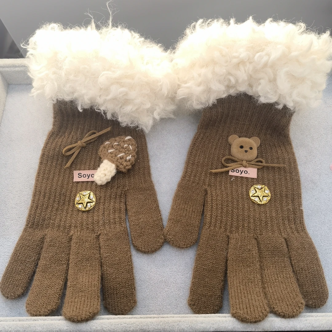 B704咖色小熊蘑菇蝴蝶结毛毛手套