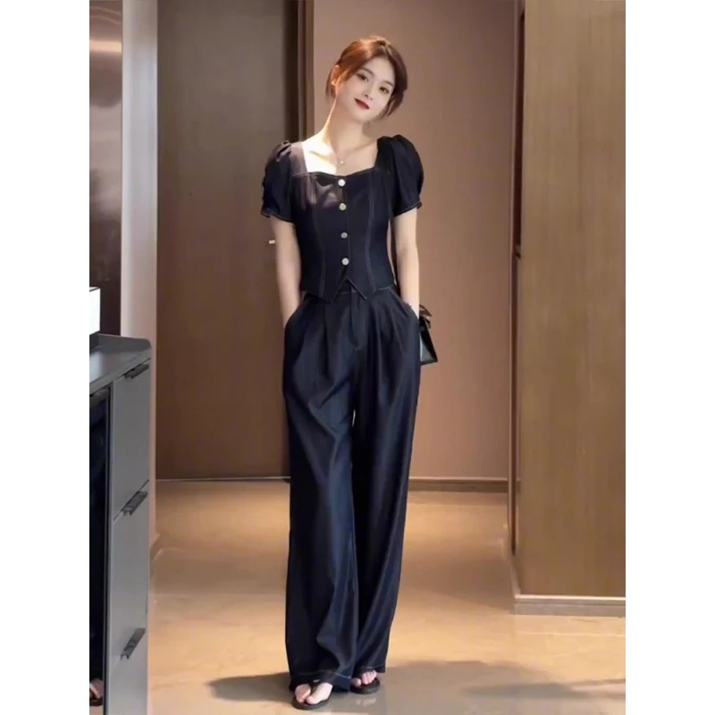 0733薄款短袖上衣阔腿休闲裤牛仔套装女2025夏新款