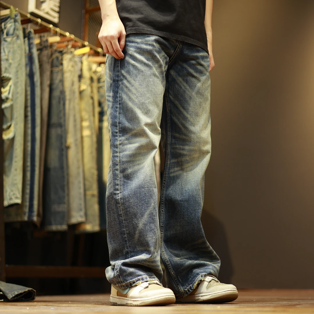 3102宽松复古水洗猫须潮流高街休闲男士微喇牛仔裤