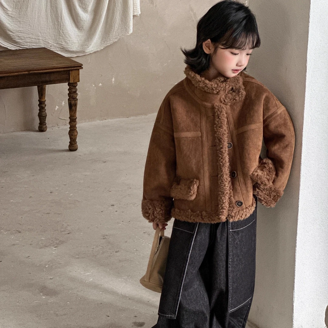 千奇兔儿童羊羔毛外套冬季新款女童麂皮绒皮毛一体机车服男童皮衣