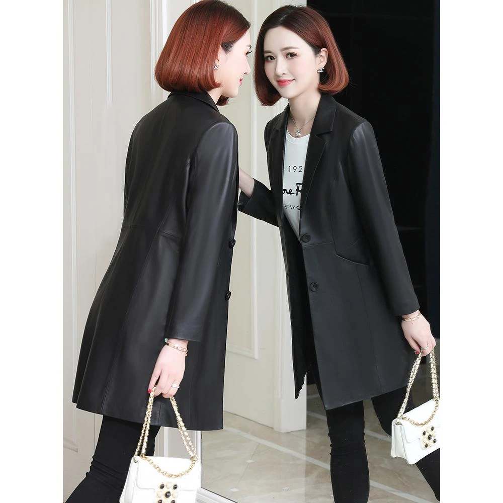 法劳格真皮皮衣女2025春秋新款爆款外套西装领风衣海宁绵羊皮中长